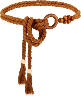 Women's Tassel Braided Waist Belt, Skinny Woven Belt for Dress Waist Belt Rope Chain with Woven Wooden Beads