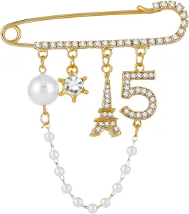 Yolev Number 5 Lapel Pins and Brooches Vintage Imitating Pearl Rhinestone Crystal Brooch Pin for Women Rhinestone Jewelry